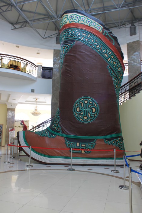 Giant Mongolian boot inside the Chinggis Khan museum below his statue
