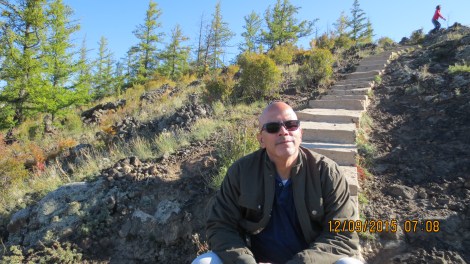 Krishnan on the steps leading to the rim of the volcano