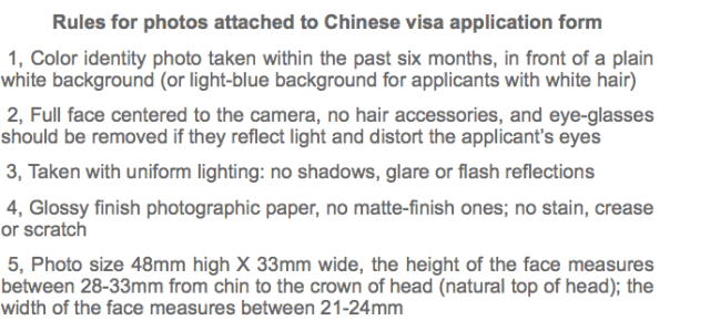 Chinese Visa photo requirement 