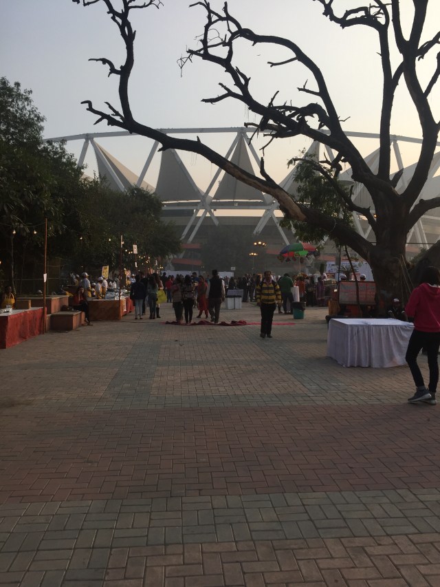 The grounds just outside the Jawaharlal Nehru stadium where the stalls are setup